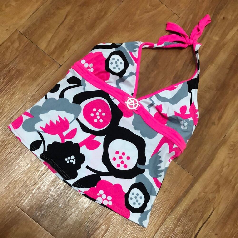 ZeroXposur Pink, White, Gray, and Black Floral Halter Tankini Swim Top Size 10
